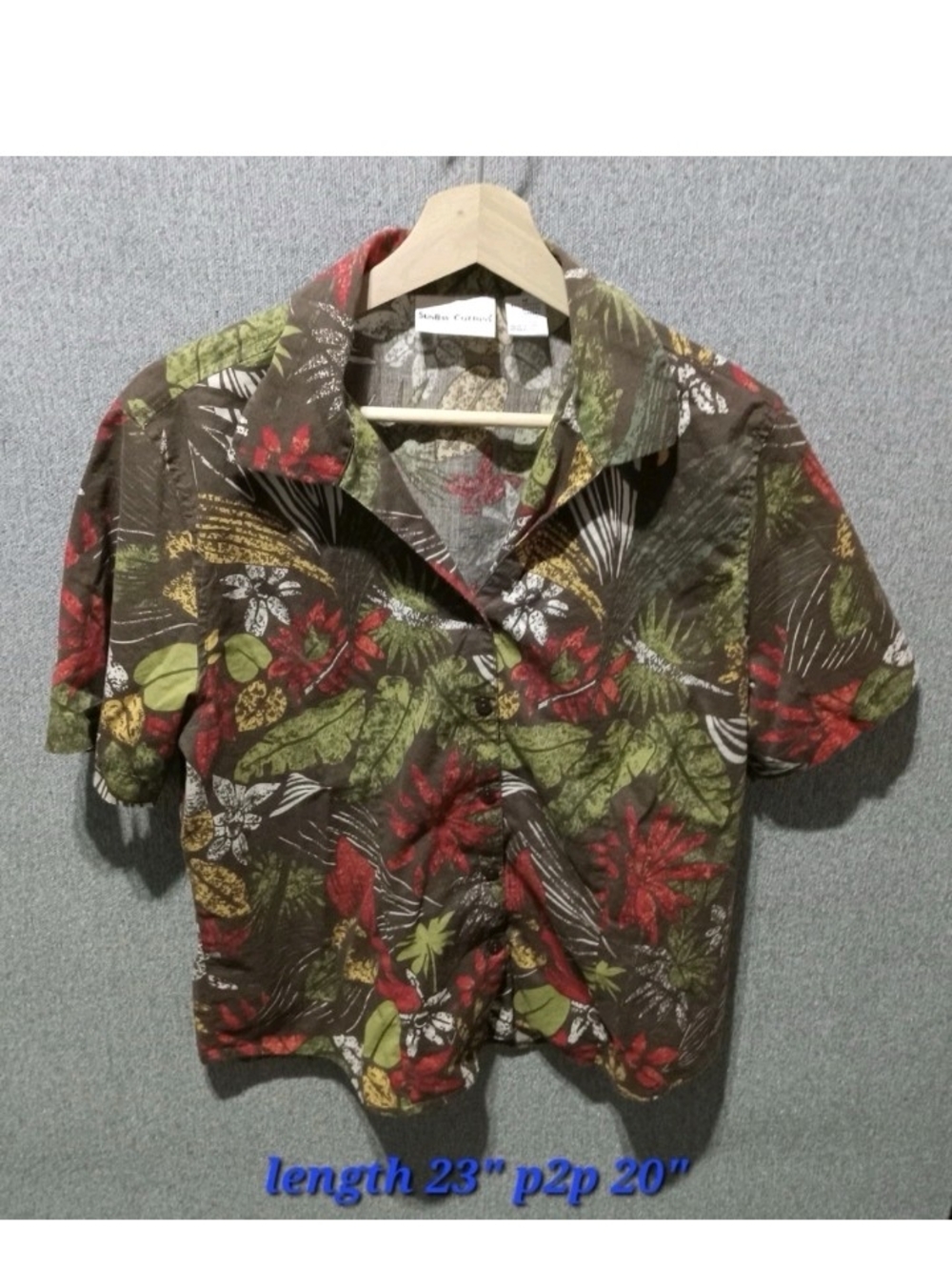 Women's Tropical Floral Button-Up Blouse - Brown with Green & Red